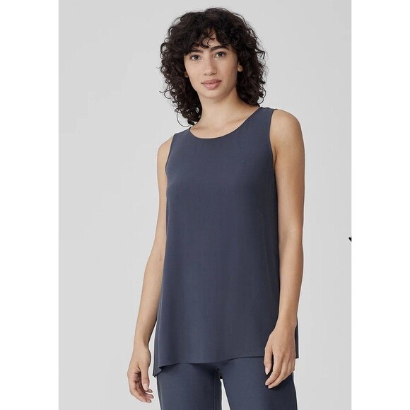 Eileen Fisher 100% Silk Gray Georgette Crepe Ballet Neck Long Tank Petite Large - Picture 2 of 9